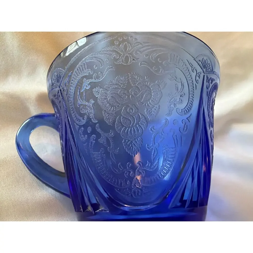 Vintage Cobalt Blue Pressed Glass Mug Cup Embossed Grape Pattern Depression